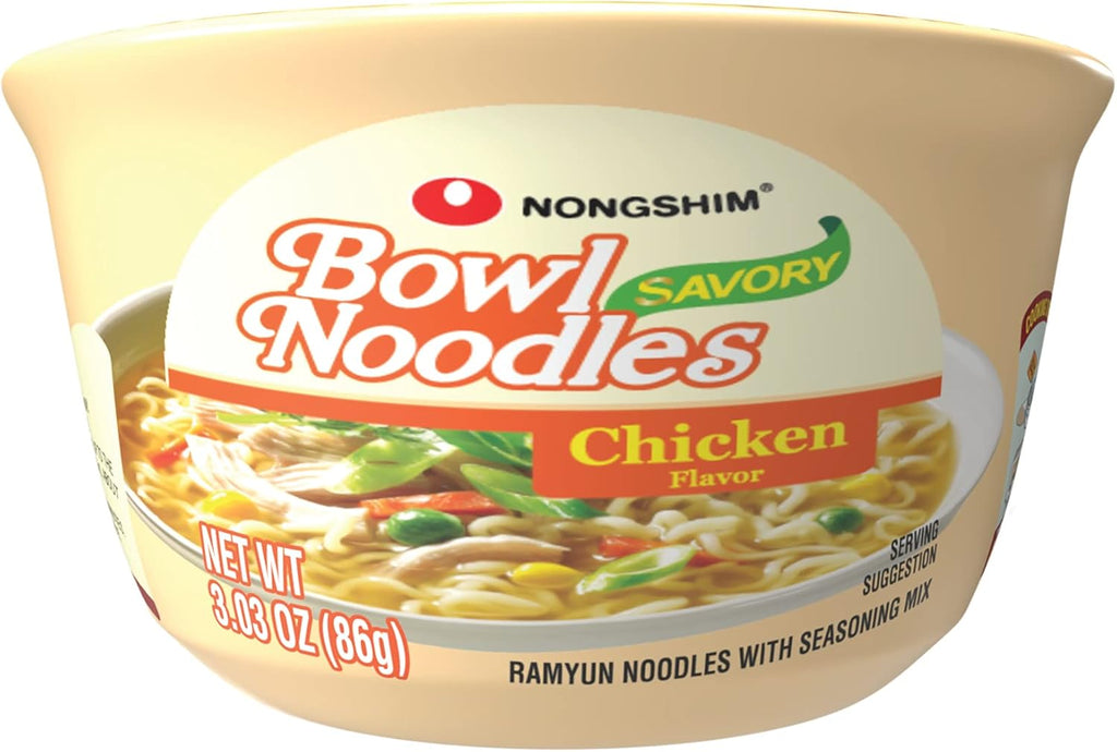 Nongshim Savory Chicken Noodle Soup Instant Ramen, 12 Pack, Microwaveable Bowl Soup Mix, Korean Ramyun with Cabbage & Carrots, Sabor a Pollo