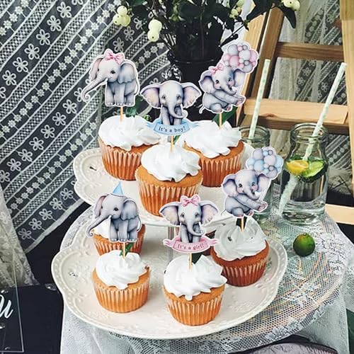 24Pcs Pink Elephant Cupcake Toppers It's a Gir Cupcake Picks for Elephant Theme Gender Reveal Baby Shower Kids Boys Birthday Party Cake Decorations