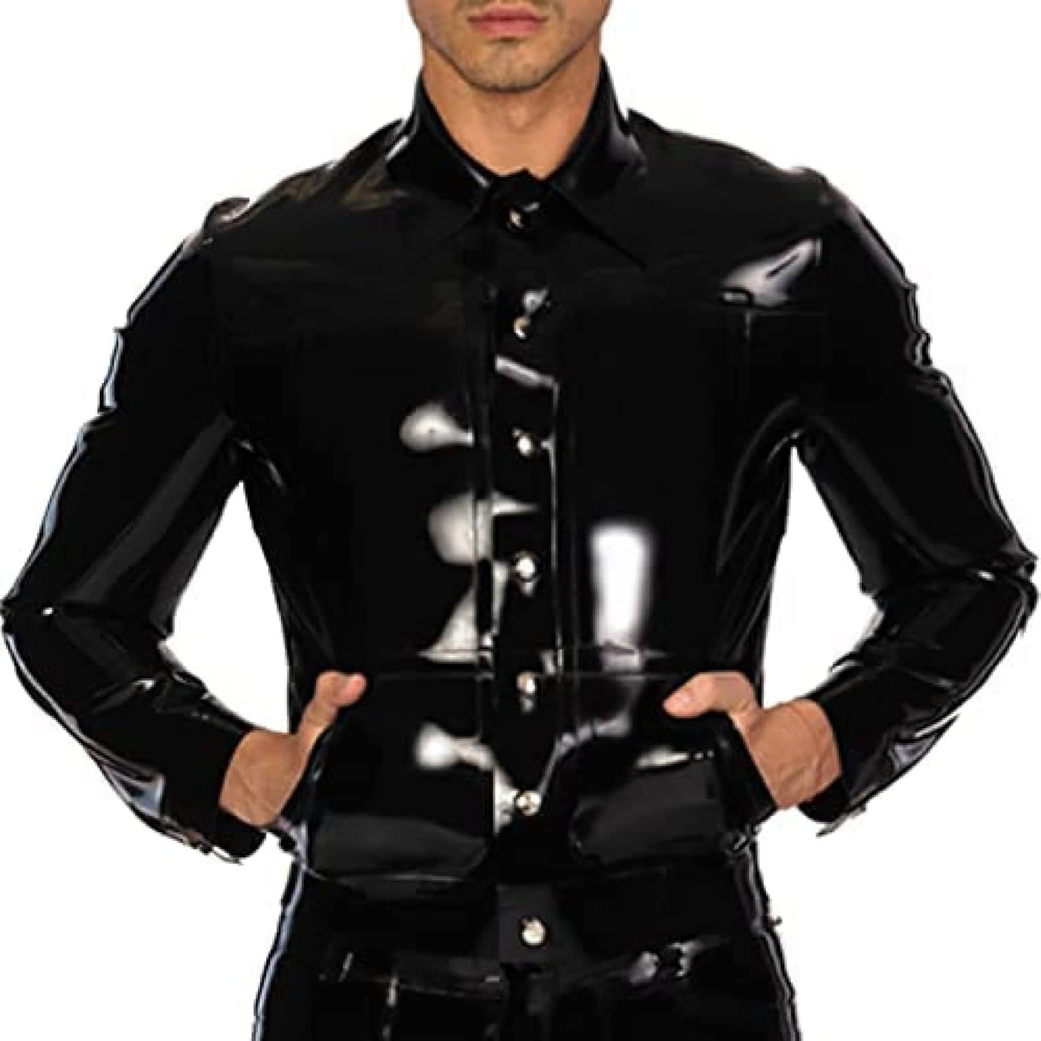 Black Sexy Short Latex Jacket with Buttons, Front Pockets and Turn-Down Collar, Rubber Coat,Transparent Purple,M