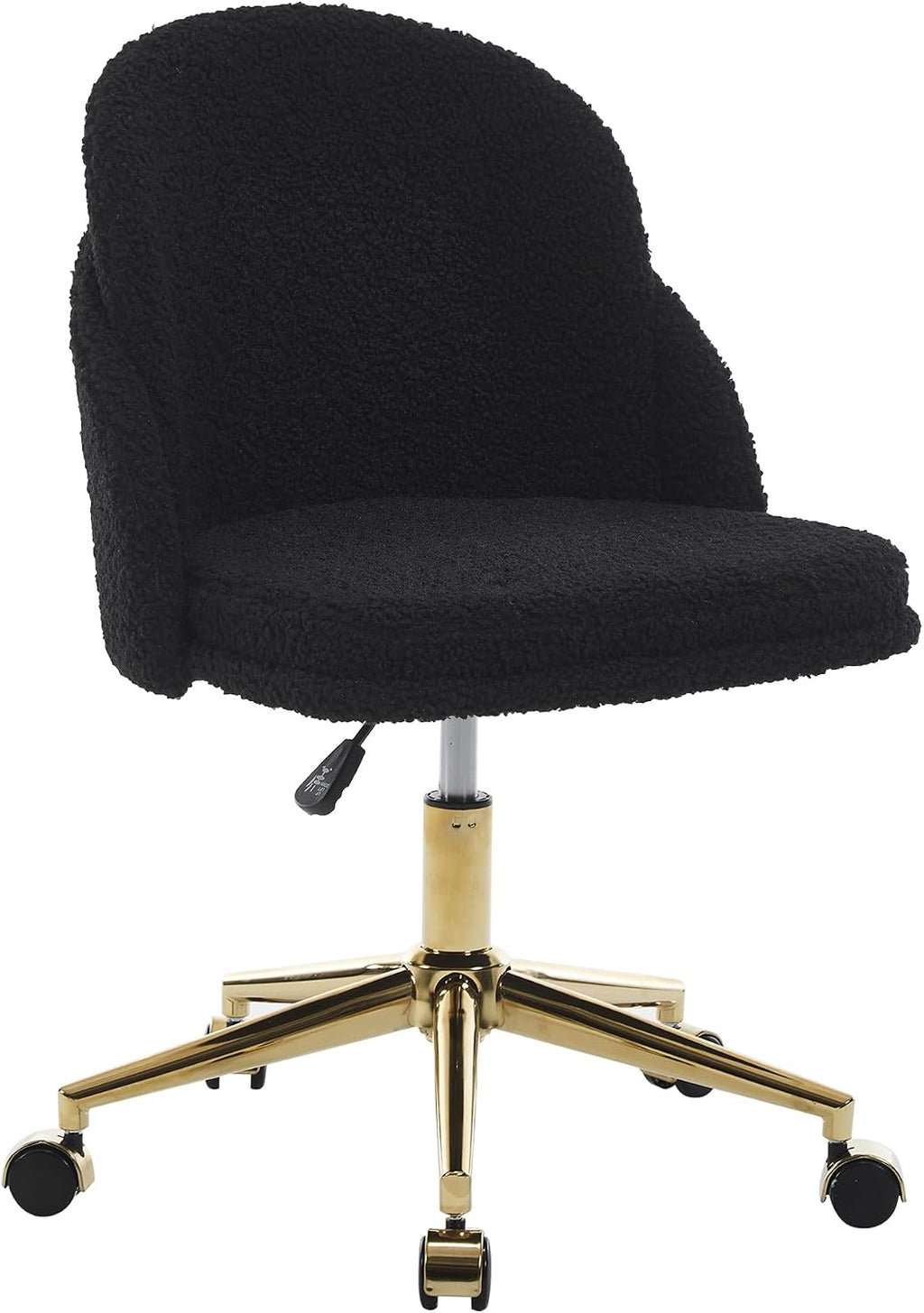 Faux Fur Desk Chair, Comfy Plush Makeup Vanity Chair Modern Upholstered Fluffy Swivel Chair with Wheels Golden Metal Base, Height Ajdustable for Girls, Home Office Living Dressing Room Bedroom, Black