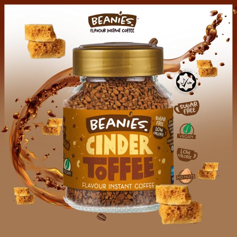 Beanies Festive Favourites Flavoured Instant Coffee Variety Pack 300g (6 x 50g Jars) – Includes Cinder Toffee & Christmas Pudding - Sugar Free, Low Calorie, Vegan & Gluten Free