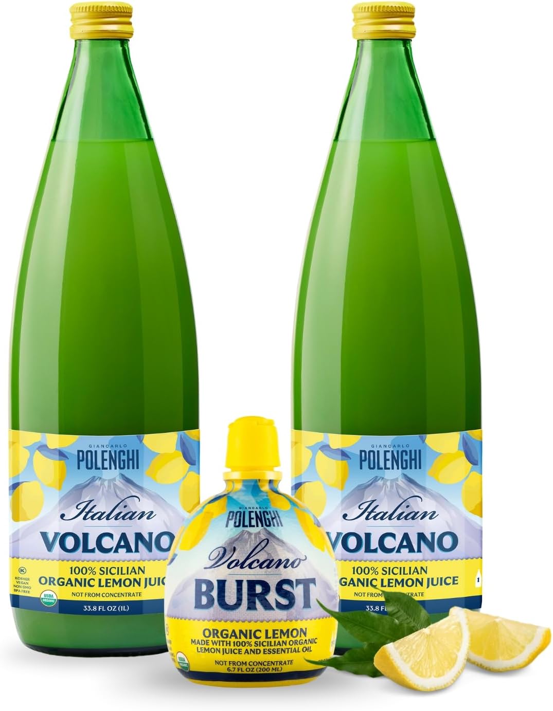 Italian Volcano Organic Lemon Juice 33.8 Ounces - 2 Pack Bundled Kit - Certified Organic - Each Bottle Contains 40 Fresh Lemons (2 Bottles + 1 Burst)