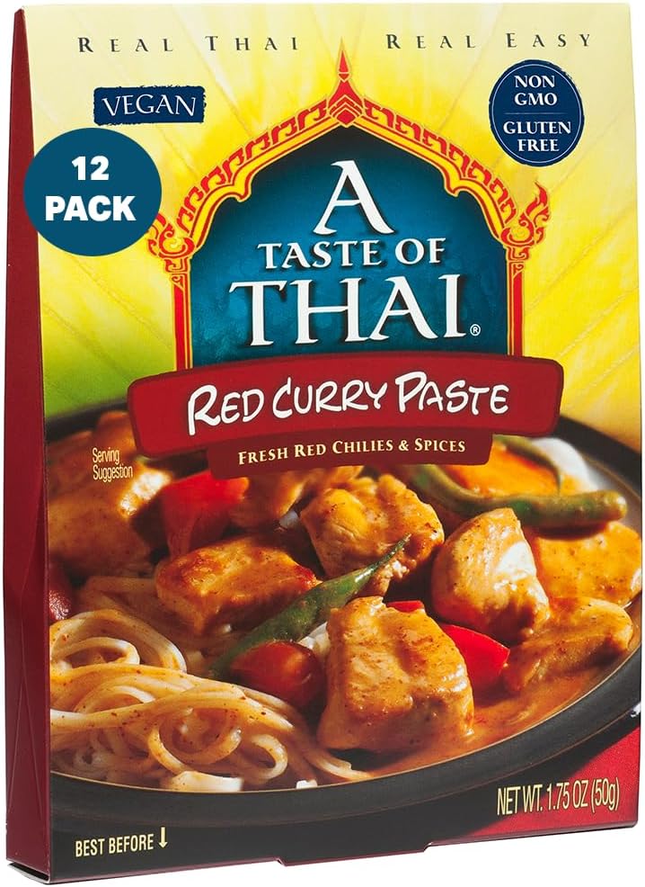A Taste of Thai Red Curry Paste – Authentic & Natural Ready-to-Use Thai Curry Paste – Vegan, Gluten‑Free & Non‑GMO – Rich, Aromatic Flavor for Curries, Stir‑Fries, Soups & Dips - 1.75 oz (Pack of 12)