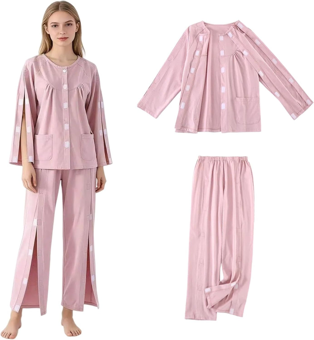 Long-Sleeved Pajamas,Tear Away Bedridden Clothes,Suitable for Postoperative Care,Pink