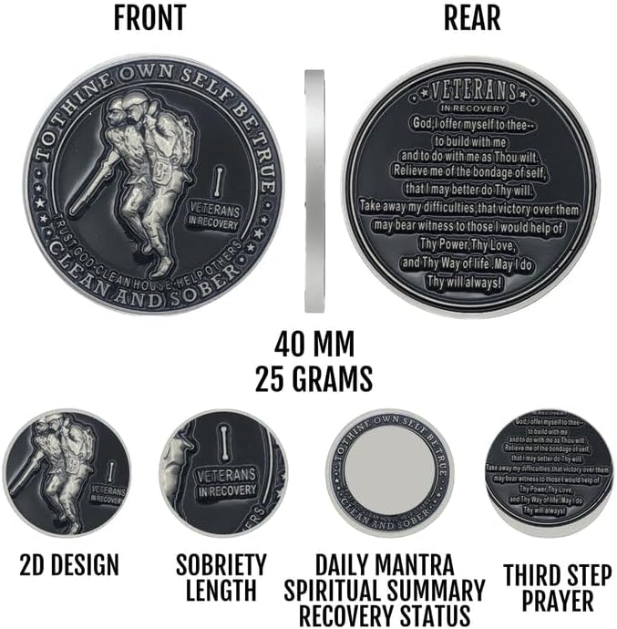 Veterans in Recovery AA Chip Sobriety Coin (1-60 Years) with Third Step Prayer on The Back. My Recovery Store AA Medallion
