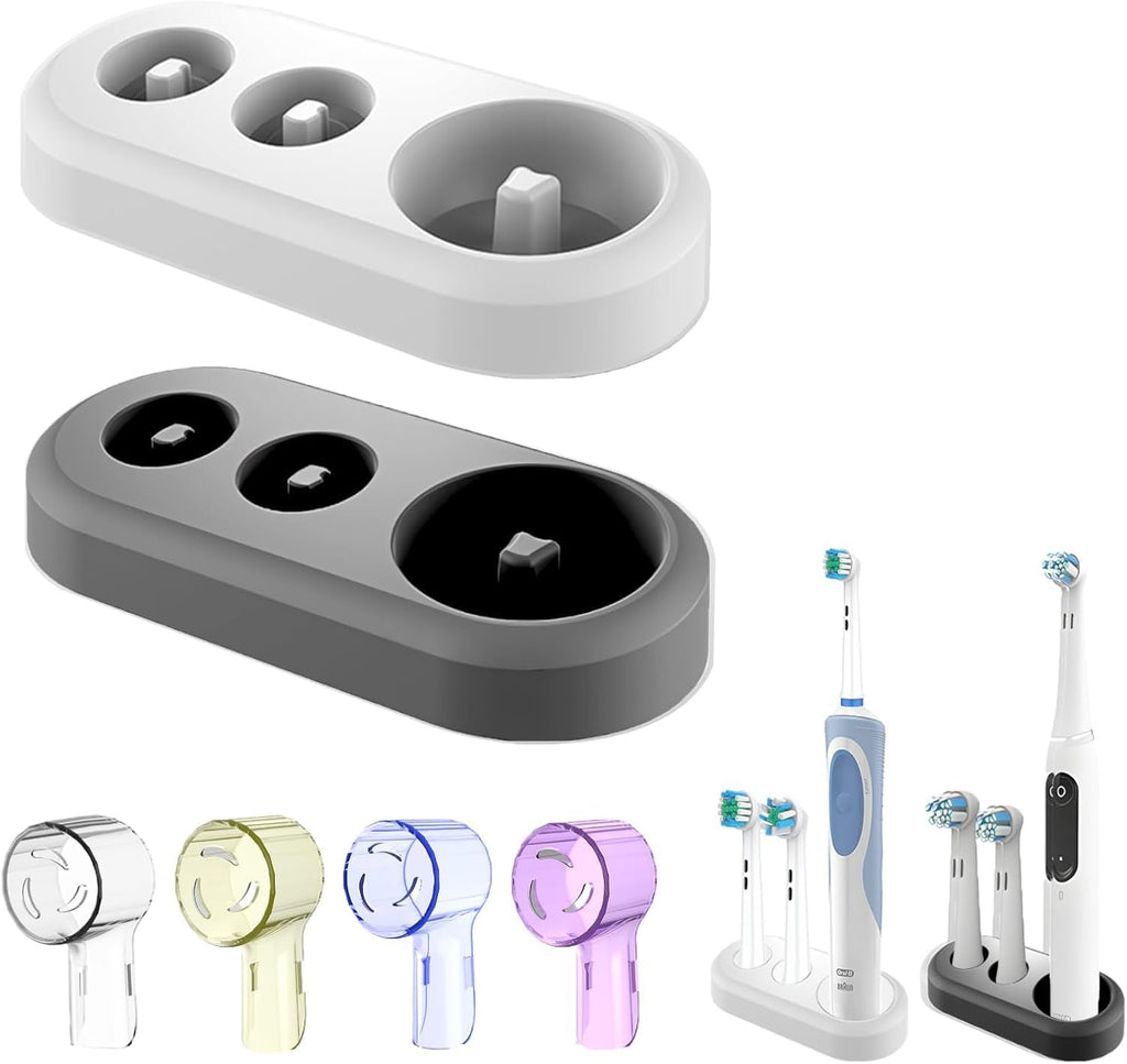 Toothbrush Holder for Oral B, 2 Pcs Replacement Stand Base Compatible with Oral-B Electric Toothbrush and 4 Pcs Toothbrush Heads Cover,Toothbrush Organizer for Bathroom (White & Black)