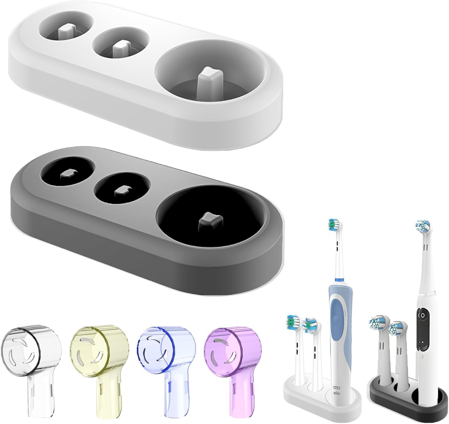 Toothbrush Holder for Oral B, 2 Pcs Replacement Stand Base Compatible with Oral-B Electric Toothbrush and 4 Pcs Toothbrush Heads Cover,Toothbrush Organizer for Bathroom (White & Black)