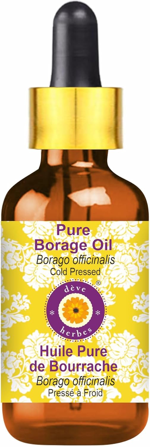 Deve Herbes Pure Borage Oil (Borago officinalis) with Glass Dropper Natural Therapeutic Grade Cold Pressed 30ml (1 oz)