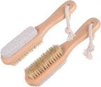 2Pcs 2 in 1 Wooden Handle Foot Brush & Pumice Stone Exfoliating Foot Scrubber Brush Pedicure Tool for Feet Hard Skin Callus Remover Foot Care Suppiles