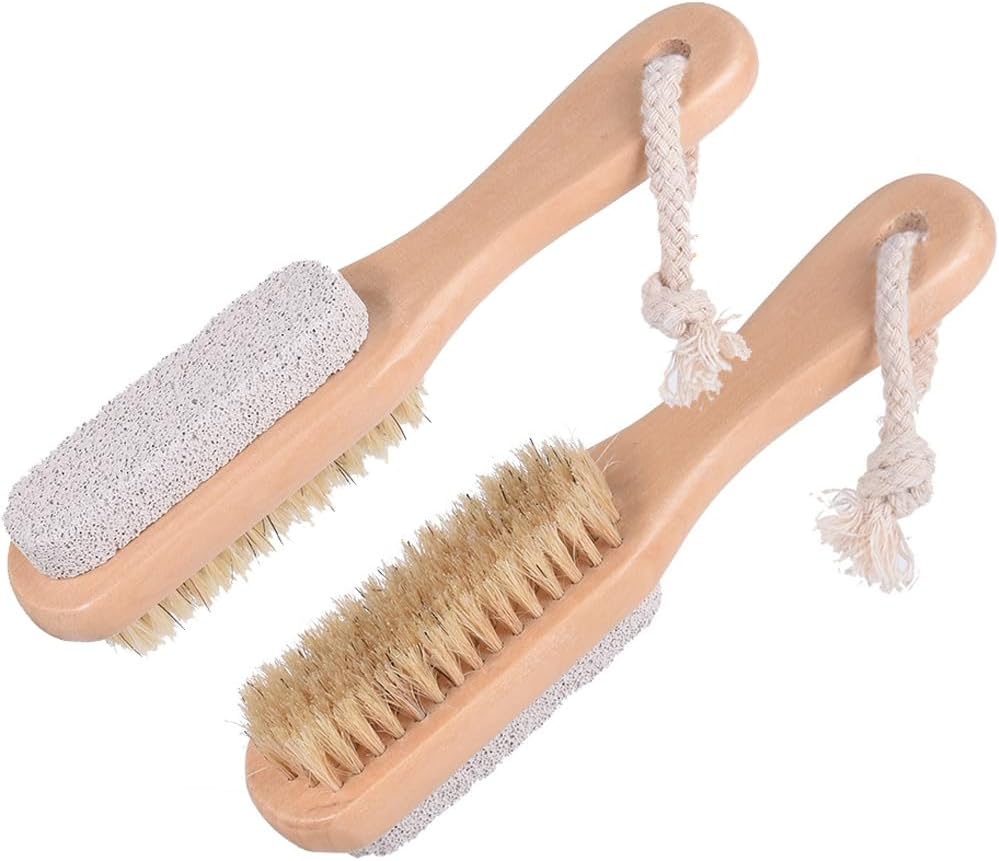 2Pcs 2 in 1 Wooden Handle Foot Brush & Pumice Stone Exfoliating Foot Scrubber Brush Pedicure Tool for Feet Hard Skin Callus Remover Foot Care Suppiles