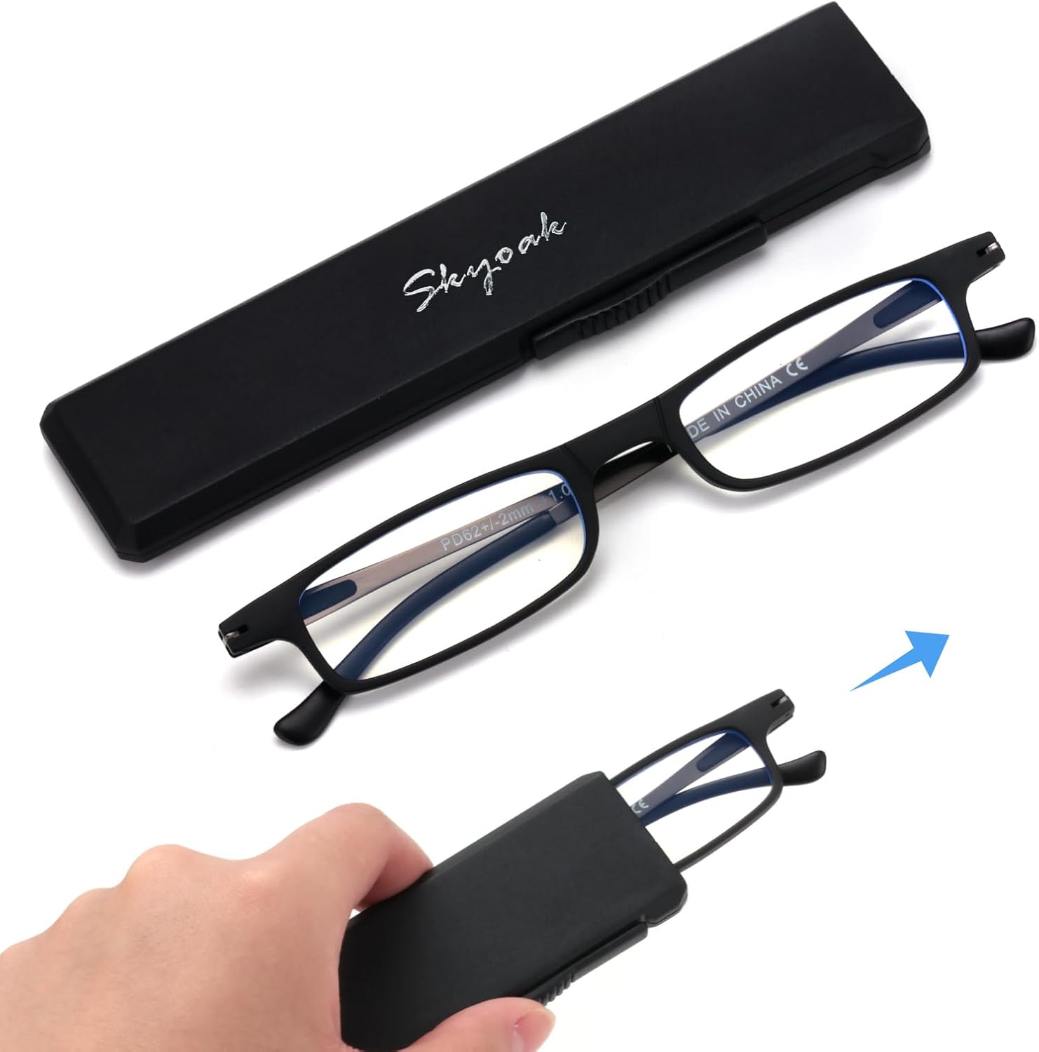 SKYOAK Ultra thin Lightweight Folding Reading Glasses Women Men TR90 Blue Light Blocking Anti UV/Eyestrain Foldable Compact Computer Readers Portable Unique Stretchable Slim Flat case Black +2.0