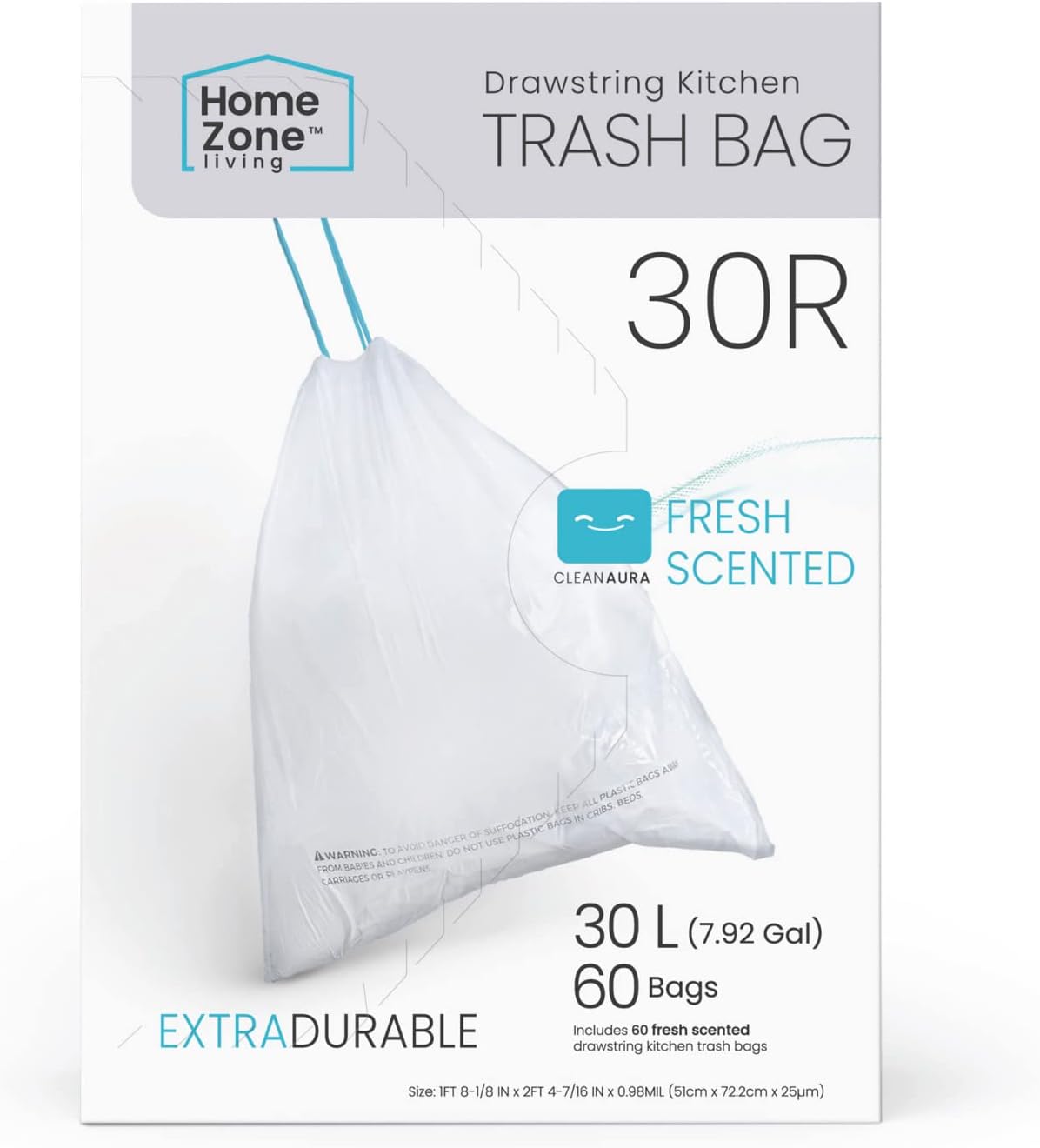 Home Zone Living 8 Gallon Kitchen Trash Bags with Drawstring Handles, Heavy Duty Custom Fit Design for 30 Liter Dual Recycling Liners, Code 30R, 60-Count