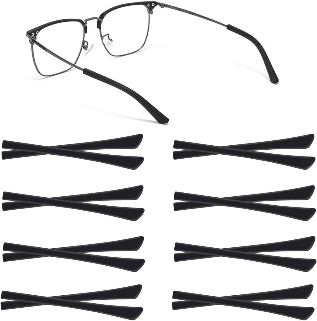 8 Pairs Eyeglass End Tips Ear Sock Pieces for Glasses Soft Silicone Eyeglasses Temple Tips Glasses Sunglasses Replacement Temple Anti-Slip Tube Sleeve for Flat Thin Metal Eyeglass Legs (Black)