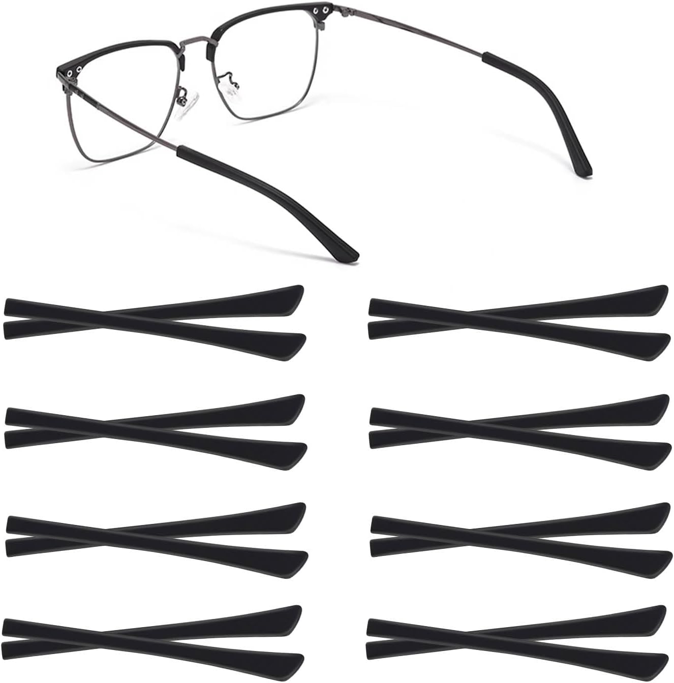 8 Pairs Eyeglass End Tips Ear Sock Pieces for Glasses Soft Silicone Eyeglasses Temple Tips Glasses Sunglasses Replacement Temple Anti-Slip Tube Sleeve for Flat Thin Metal Eyeglass Legs (Black)