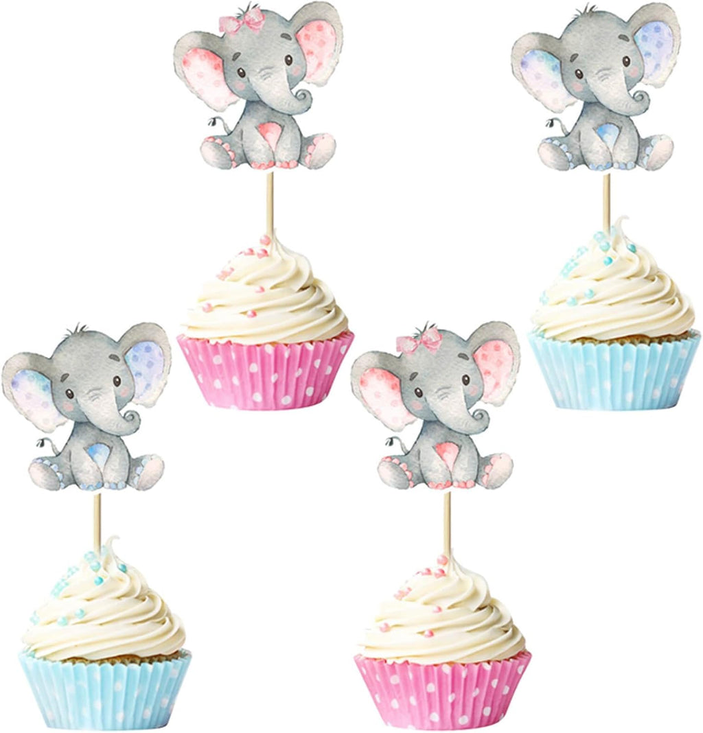 24Pcs Gender Reveal Cupcake Toppers Pink and Blue Elephant Cupcake Picks for Elephant Theme Baby Shower Kids Boy or Girl Birthday Party Decorations Supplies