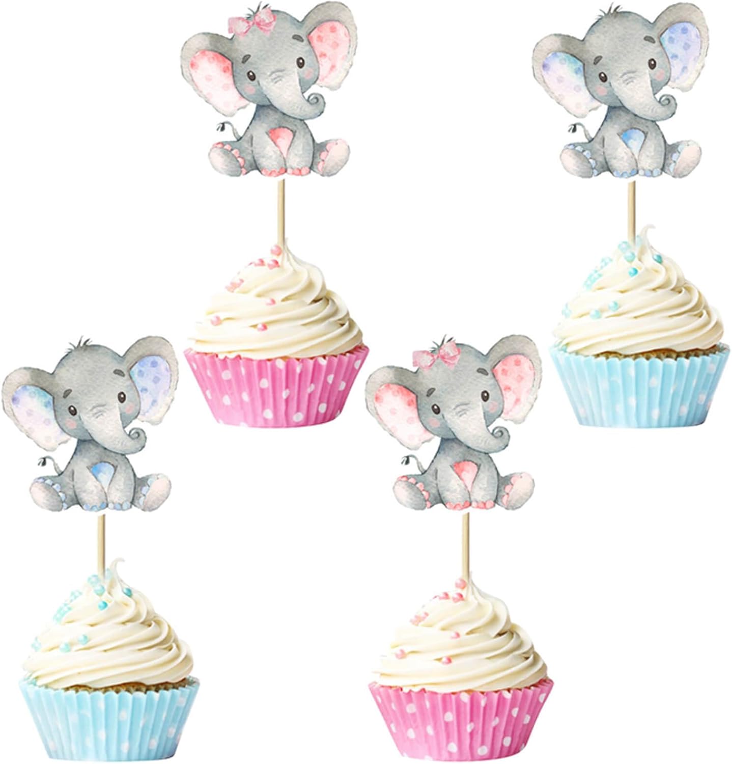 24Pcs Gender Reveal Cupcake Toppers Pink and Blue Elephant Cupcake Picks for Elephant Theme Baby Shower Kids Boy or Girl Birthday Party Decorations Supplies