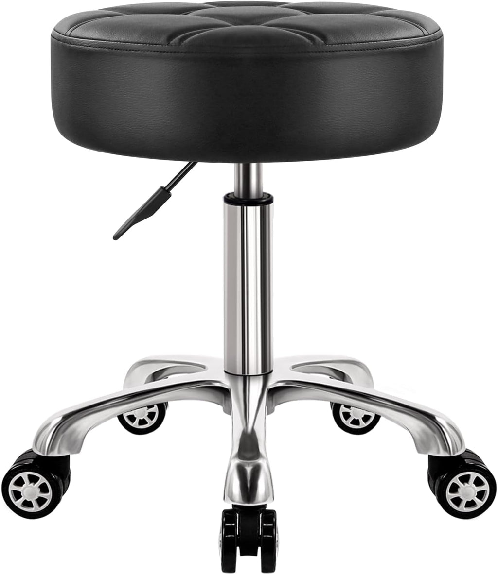 Heavy Duty Rolling Stool with Wheels Hydraulic Lift 360 Swivel Adjustable Rolling Chair Thick Leather Ergonomic Seat Stool Chair for Kitchen Drafting Lab Office Salon Massage Black