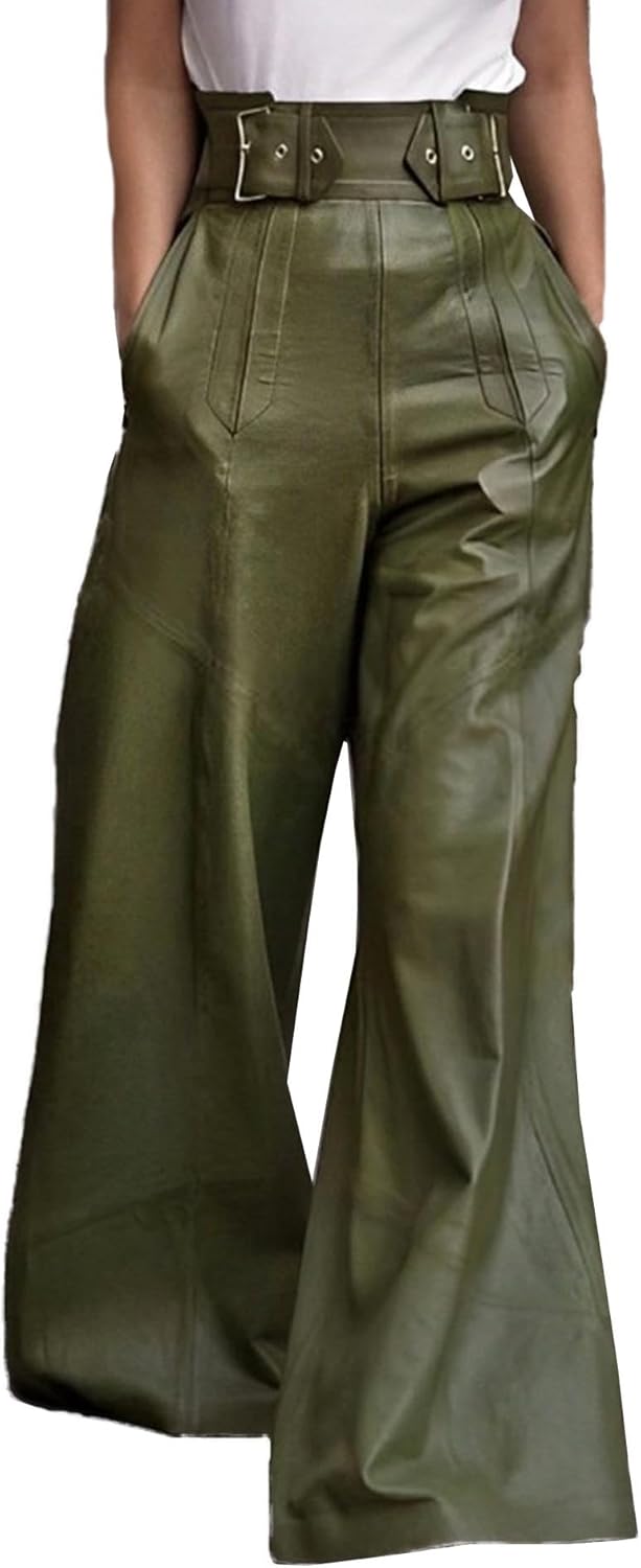 Sexyshine Women's PU Faux Leather Wide Leg Pants High Waisted Buckle Belt Loose Vintage Leather Pants Chic Clubwear