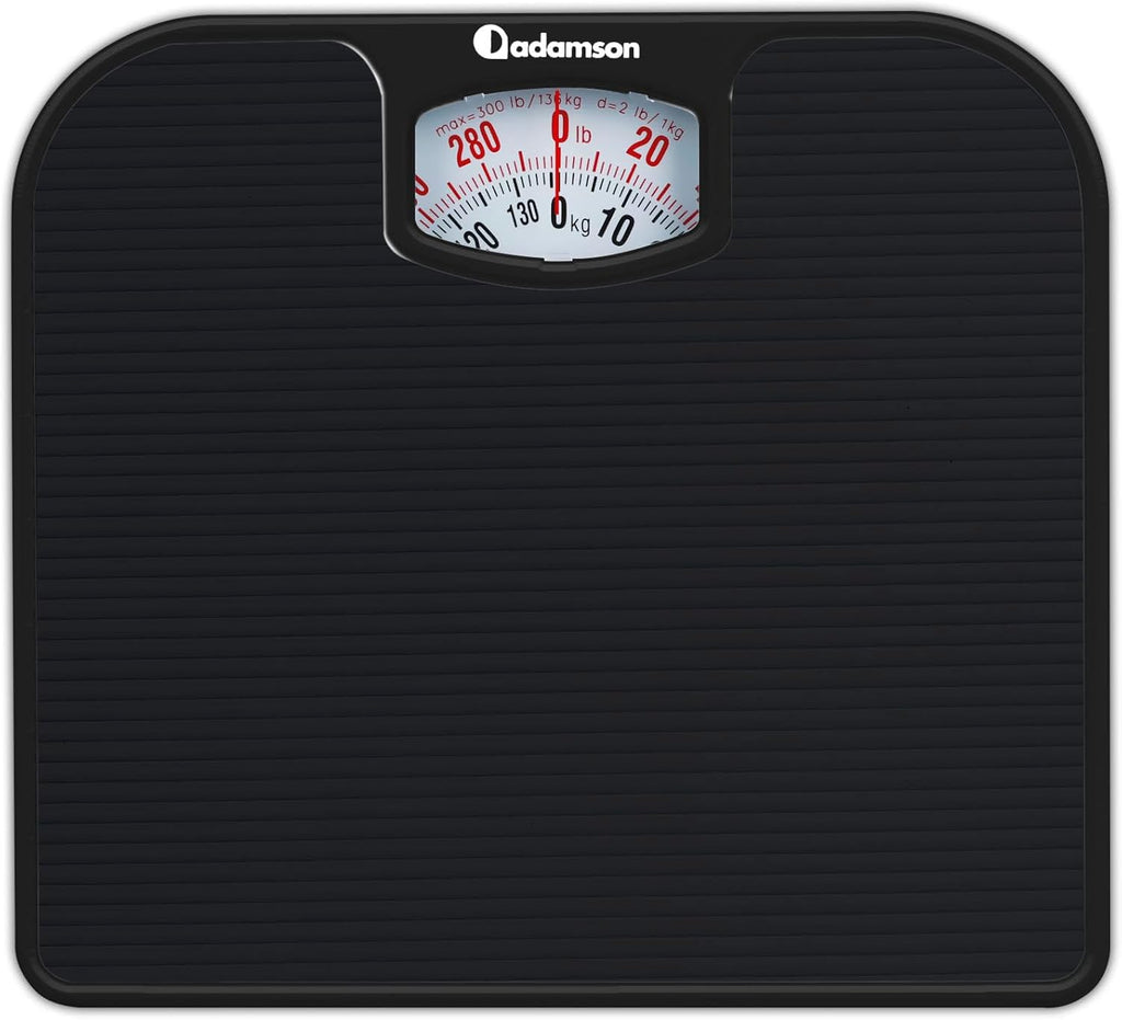 Adamson A21 Analog Scales for Body Weight - Up to 300 LB - New - Anti-Skid Rubber Surface - Large Numbers - Analog Bathroom Scale - Affordable - Durable with 20-Year Assurance - Full Black