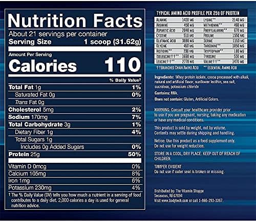 BodyTech Whey Protein Isolate Powder - 25g Protein per Serving with BCAAs - Fast-Absorbing for Muscle Growth & Recovery - Rich Chocolate (1.5 lb, 21 Servings)