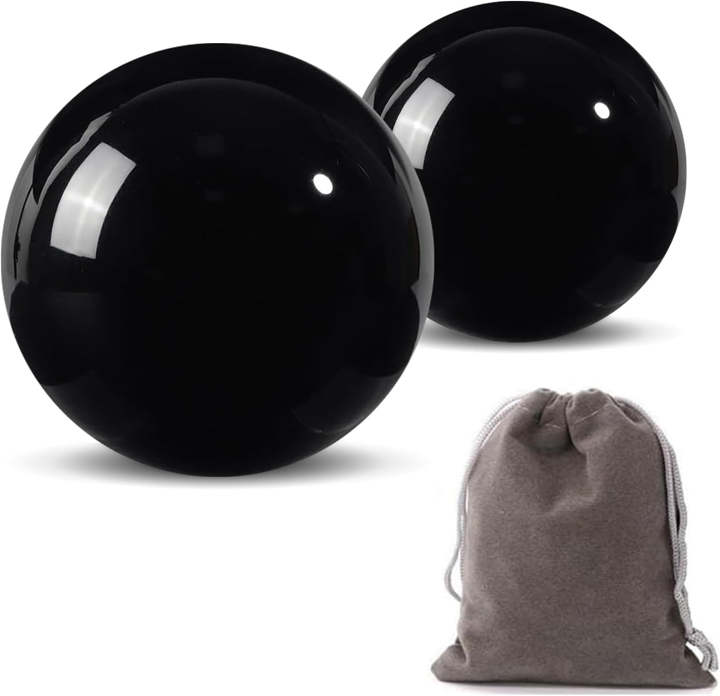 Obsidian Baoding Balls for Hand Therapy, Traditional Massage Chinese Ball for Adults Health Exercise Stress Relief Balls with Carry Pouch, Black Obsidian, X-Large-2"