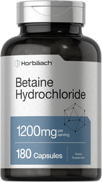 Horbäach Betaine HCl 1200mg | 180 Capsules | Betaine Hydrochloride Supplement | Non-GMO, Gluten Free
