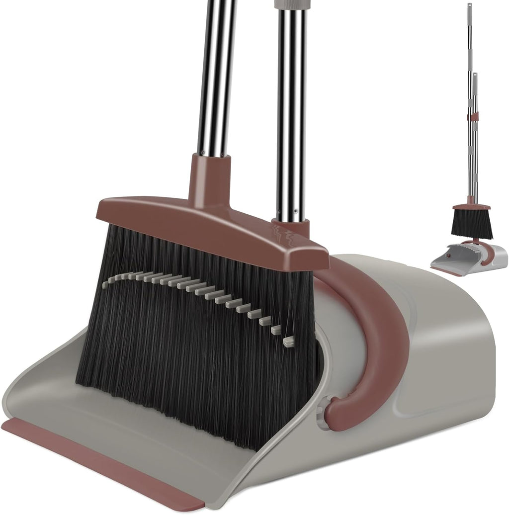 Ivandar Broom with Dustpan Combo Set, 50.6 inch Long Handle, Upright Standing Broom and Dustpan Set Quiet Cleaning Tool Sweep the Floor Dust pan Removes 4 Times More Pet Hair(Brown and Gray)