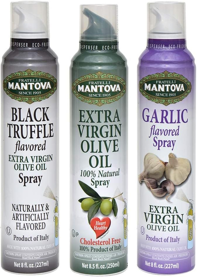 Mantova Spray 100% Extra Virgin Olive Oil Variety Set - Black Truffle | Garlic | 8 Fl. Ounce. (Pack Of 3) - Product Of Italy