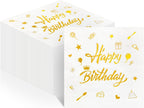 100 PCS Happy Birthday Paper Napkins, 2-Ply Gold Foil Birthday Disposable Decorative Paper Napkins, 13×13 Inch Dinner Cocktail Napkin for Birthday Party Bathroom Table Decor Guest Supplies