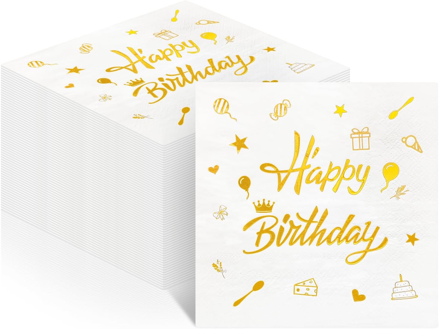 100 PCS Happy Birthday Paper Napkins, 2-Ply Gold Foil Birthday Disposable Decorative Paper Napkins, 13×13 Inch Dinner Cocktail Napkin for Birthday Party Bathroom Table Decor Guest Supplies