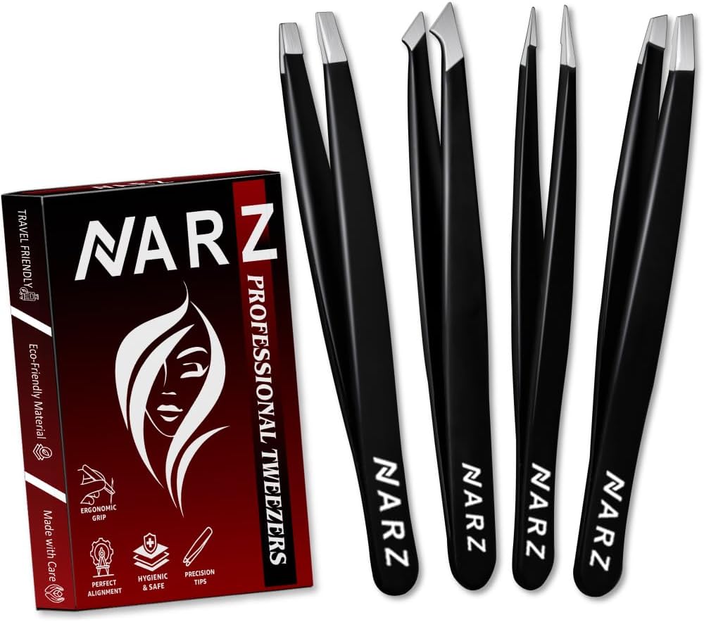 NARZ 4Pcs Professional Tweezers for Women Facial Hair Stainless Steel Precision Tweezers for Ingrown Hair Eyebrow Tweezer for Men & Women (Black Set)