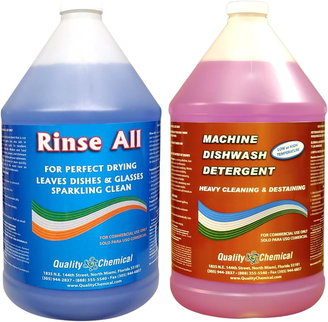 Quality Chemical Heavy Duty Liquid Alkaline Commercial Dishwasher Detergent (1 Gallon) - Rinse All/Commercial Industrial Grade Rinse Aid/Dishwasher Rinse Aid, heat and cool dry Finish (1 Gallon)