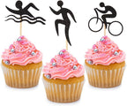 24 PCS Black Glitter Triathlon Cupcake Toppers Swimming Running Cycling Picks for Sports Theme Party Birthday Wedding Baby Shower Anniversary Party Cake Dessert Decorations Supplies