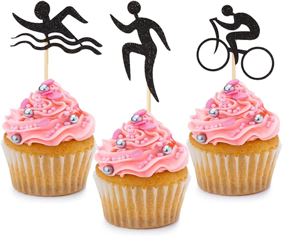 24 PCS Black Glitter Triathlon Cupcake Toppers Swimming Running Cycling Picks for Sports Theme Party Birthday Wedding Baby Shower Anniversary Party Cake Dessert Decorations Supplies