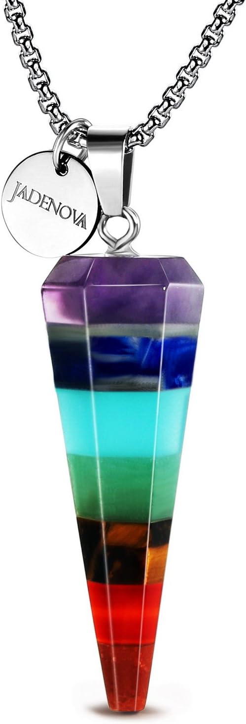 JADENOVA 7 Chakra Stones Necklace Gemstone Pendant Necklace Energy Healing Crystal Divination Pendulum For Women (Cone Hexagonal, 18 Inches Stainless Steel Chain)