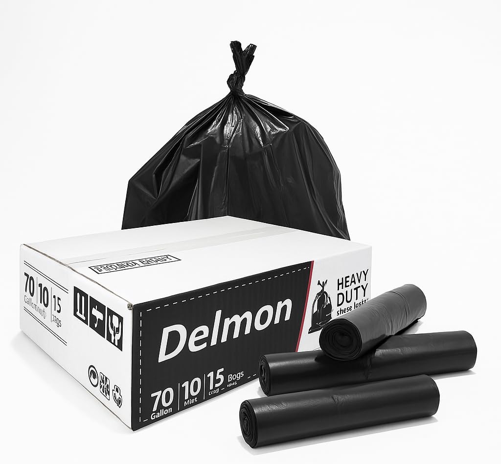 Delmon Trash Bags - 150 Bags / 10 Rolls Carton - 70 Gallons - Thick and Heavy Duty Trash Bag for Commercial, Home & Kitchen Use,Fits Toter Curbside Bins - W 43”, L 48”, Thickness 0.87MIL