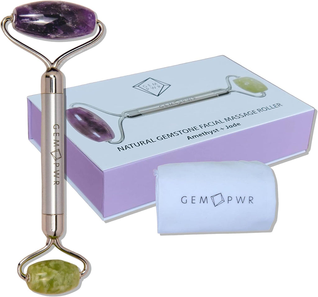Amethyst + Jade Roller for Face and Neck Massage, Dual Gemstones with Durable Steel Handle and Travel Bag. Minimize Wrinkles, Reduce Puffiness and Restore Skin's Elasticity and Radiance