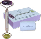 Amethyst + Jade Roller for Face and Neck Massage, Dual Gemstones with Durable Steel Handle and Travel Bag. Minimize Wrinkles, Reduce Puffiness and Restore Skin's Elasticity and Radiance