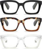 3 Pack Oversize Square Design Reading Glasses for Women, Blue Light Blocking Computer Reader (Black&Leopard&Transparent, 1.25)