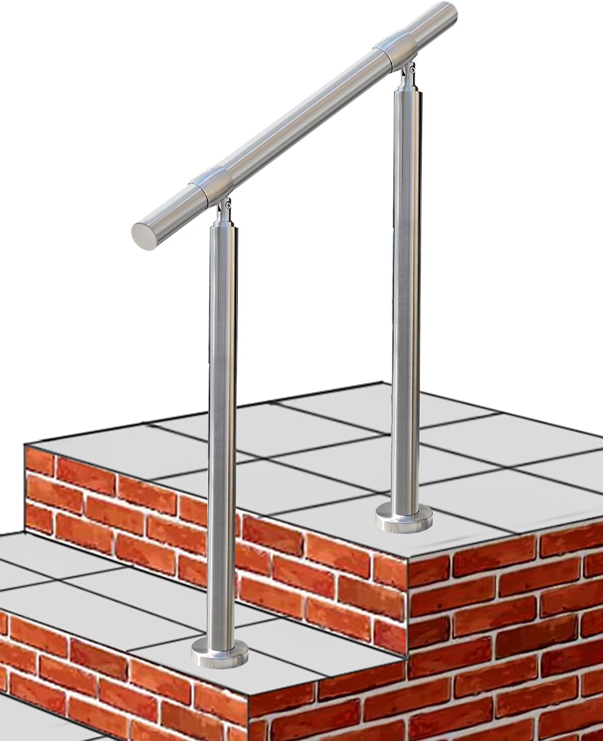 Outdoor 2 Step Handrail, DIY 304 Stainless Steel Transitional Hand Rails with Installation Kit,Silver Porch Stair Railing for Concrete Brick or Wooden Steps, 26x36 in