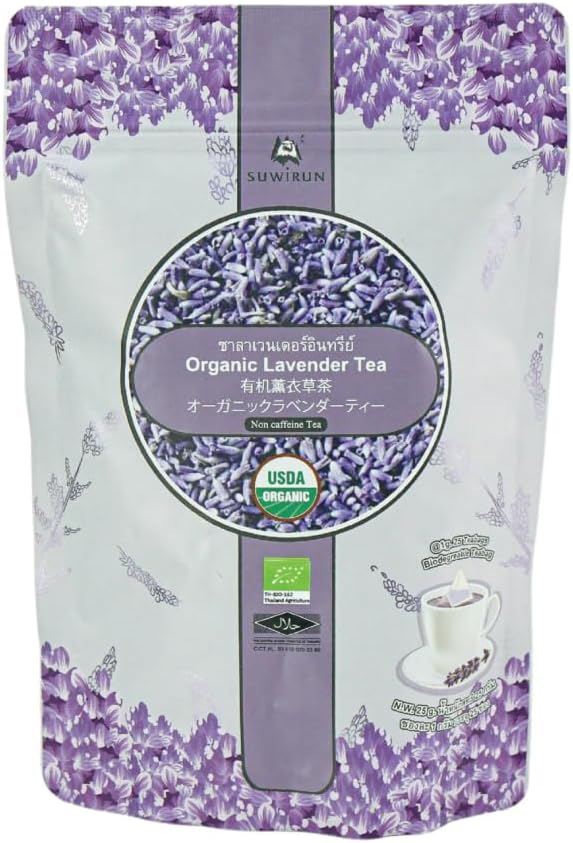 Suwirun Organic Lavender Tea 25 Bags – 100% Lavender Flowers – Aromatic & Calming, Caffeine-Free – Supports Stress Relief, Relaxation & Better Sleep
