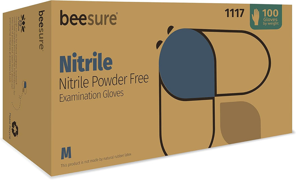 BeeSure BE1117 Nitrile Powder Free Exam Gloves, Medium (Pack of 100),Strips