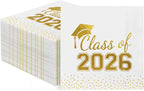 Horaldaily 100 Class of 2026 Graduation Disposable Paper Decorativeeon Napkins, White and Gold Foil dots, College High School Grad Celebration Hand Towel for Party Dinner Kitchen Bathroom
