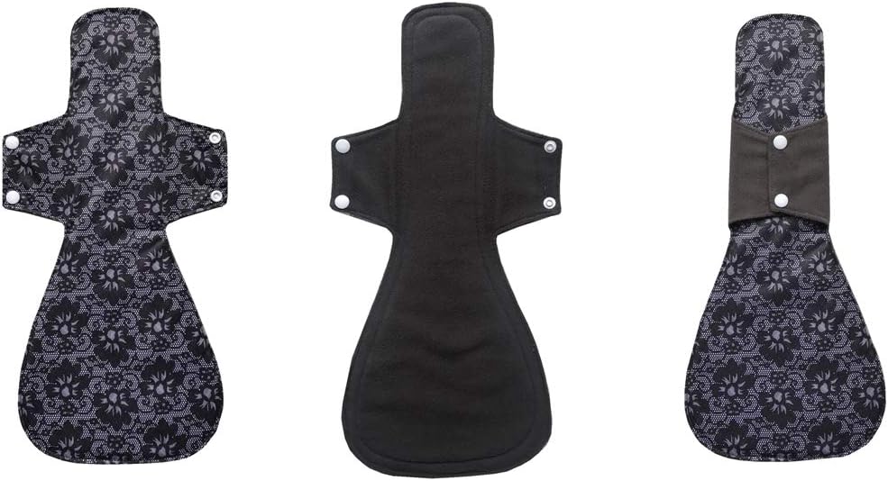 MUMBABY 3 pcs 16inch (41cm) Ultra-deep Sleep Overnight Charcoal Bamboo Mama Cloth/Menstrual Pads/Reusable Sanitary Pads (Black lace)