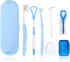 7-in-1 Travel Oral Care Kit with Case – Toothbrush, Tongue Scraper, Wisdom Toothbrush, Dental Floss, Floss Threaders, Interdental Brush, Dental Wax, Portable Hygiene Set for Daily Use Travel (Blue)