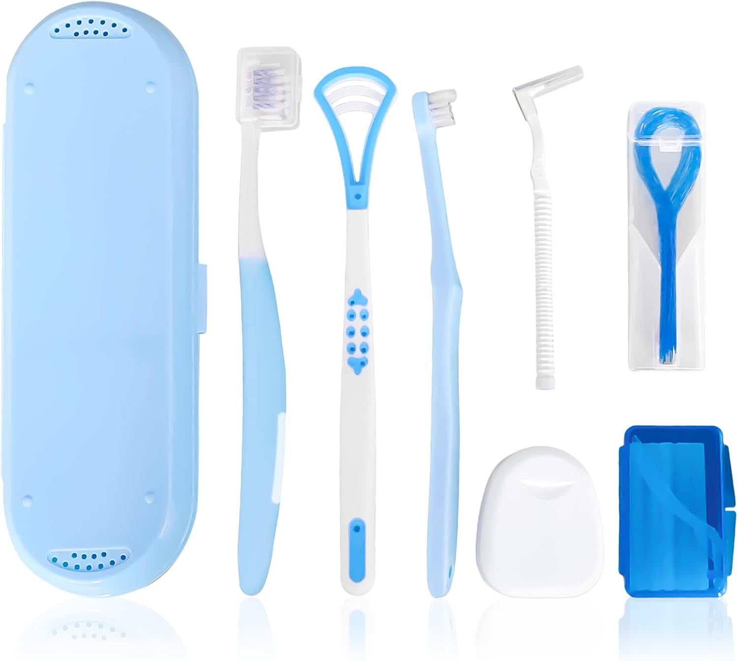 7-in-1 Travel Oral Care Kit with Case – Toothbrush, Tongue Scraper, Wisdom Toothbrush, Dental Floss, Floss Threaders, Interdental Brush, Dental Wax, Portable Hygiene Set for Daily Use Travel (Blue)