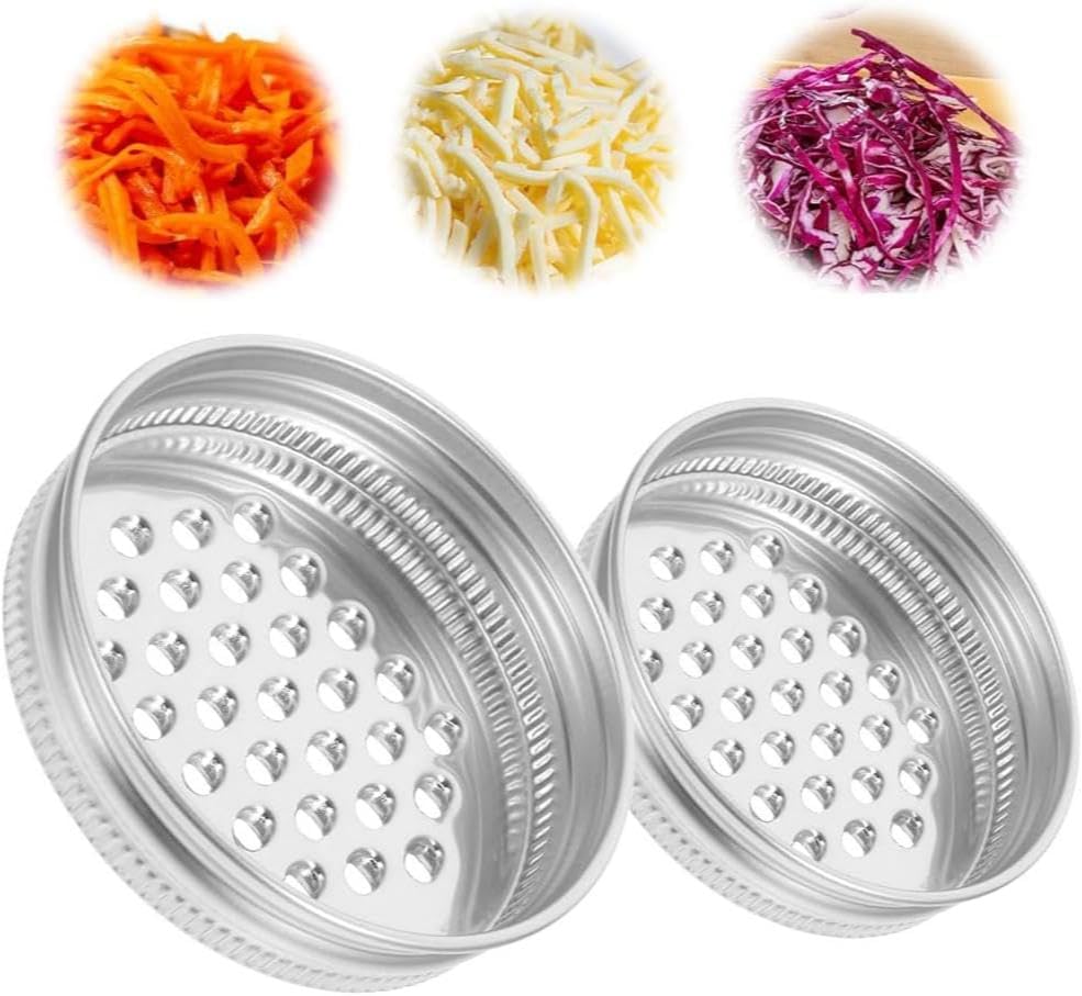 2 Pcs Mason Jar Grater Lid - Multipurpose Cheese Grater for Wide and Narrow Mouth Jars, Reusable Shaker Lid, Practical Stainless Steel, Silver