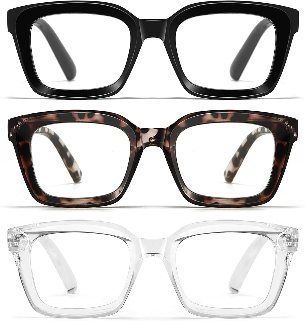 Oversized Reading Glasses for Women - 3 Pack Oprah Style Square Blue Light Readers with Spring Hinge
