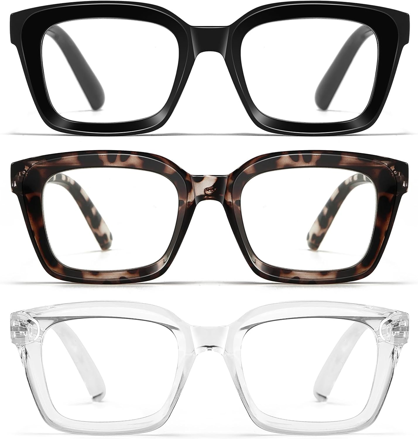 Oversized Reading Glasses for Women - 3 Pack Oprah Style Square Blue Light Readers with Spring Hinge