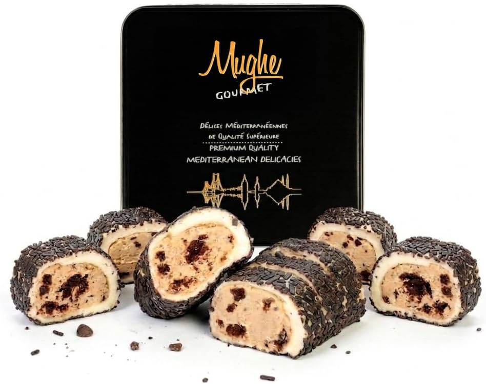 Mughe Gourmet Turkish Delight Gift Tin with Chocolate Cookie Crumble Filling - 350g/0.77 Lbs Premium Rolled Lokum